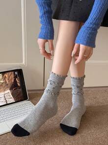 5 Pairs Women's Mid-Calf Socks With Frill Trim, Plaid And Floral Embossed Pattern, Soft Combed Cotton, Versatile Slouch Socks, Japanese Style - Multicolor - View 5