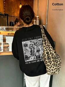 Oversized Women's Sweatshirt For Autumn/Winter, Casual Daily Wear, Long Sleeve Hoodie, Outerwear Top, Y2K, Letter Slogan Graphic, Unisex, Streetwear - Black - View 4
