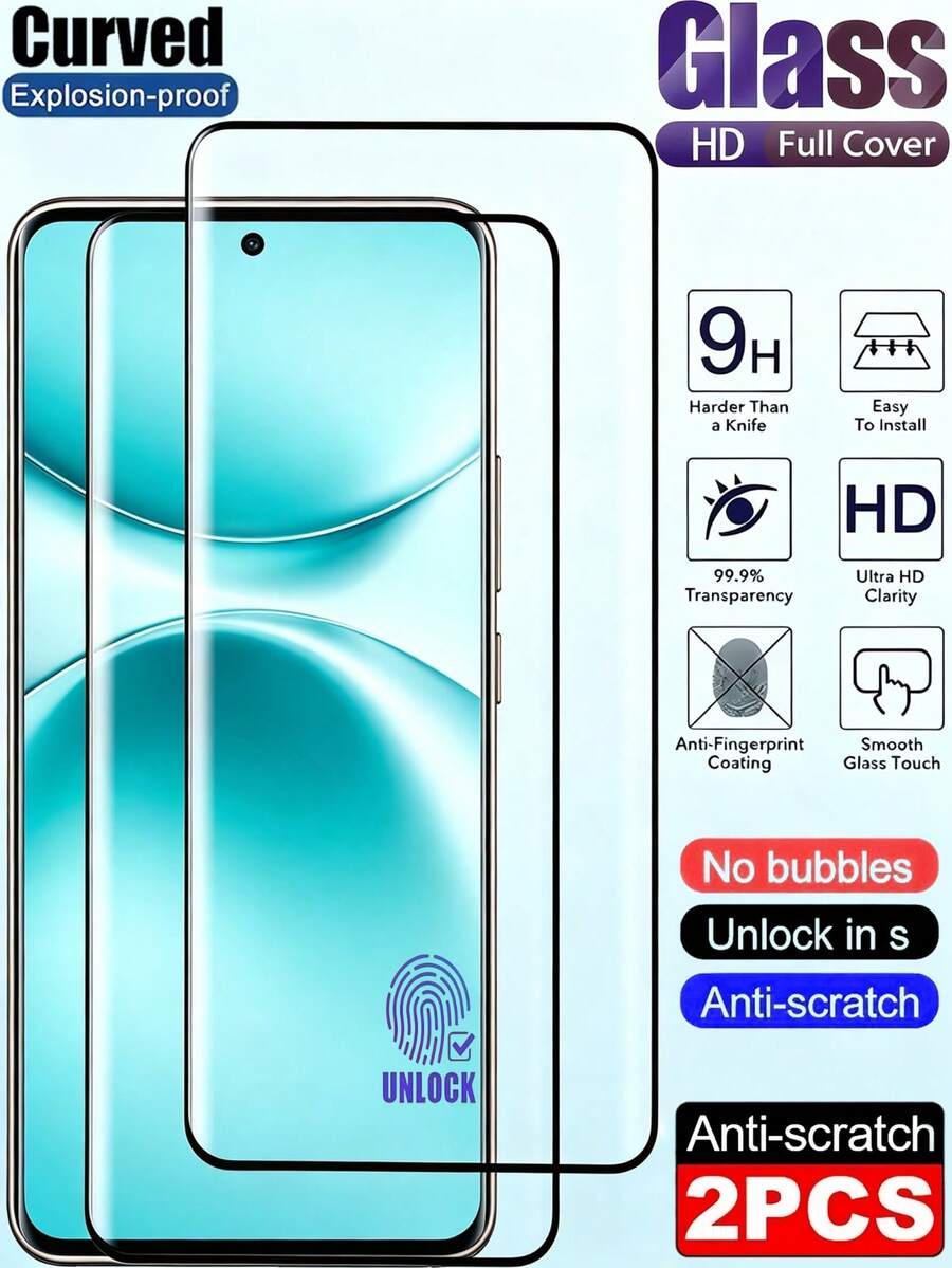 2Pcs 3D Curved HD Tempered Glass Film Full Coverage 9H Hardness Explosion Proof Anti Scratch Phone Screen Protector Compatible With Samsung Galaxy/Compatible With Huawei/Honor/ Reno/Compatible With OnePlus/Compatible With Xiaomi/ Note 15 14 13 Pro+ 4G 5G No Bubble Automatic Adsorption Protective Film