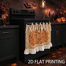 Autumn Farmhouse Style Kitchen Decor, Multi-Functional Oven Protective Curtain, Large Orange Pumpkin With White Floral Pattern And Ruffle Trim, Linen Fabric With Tie Design, Autumn Seasonal Home Decor Kitchen Apron - Multicolor - View 2
