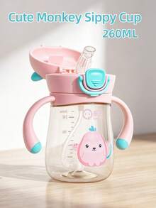 1pc 260ml Cartoon Straw Cup For Kids, Cute Baby Sippy Cup, 360° Drinking, Leak-Proof & Drop-Resistant With Scale And Handle, Suitable For Daily Use - Cute Monkey Pink - View 1