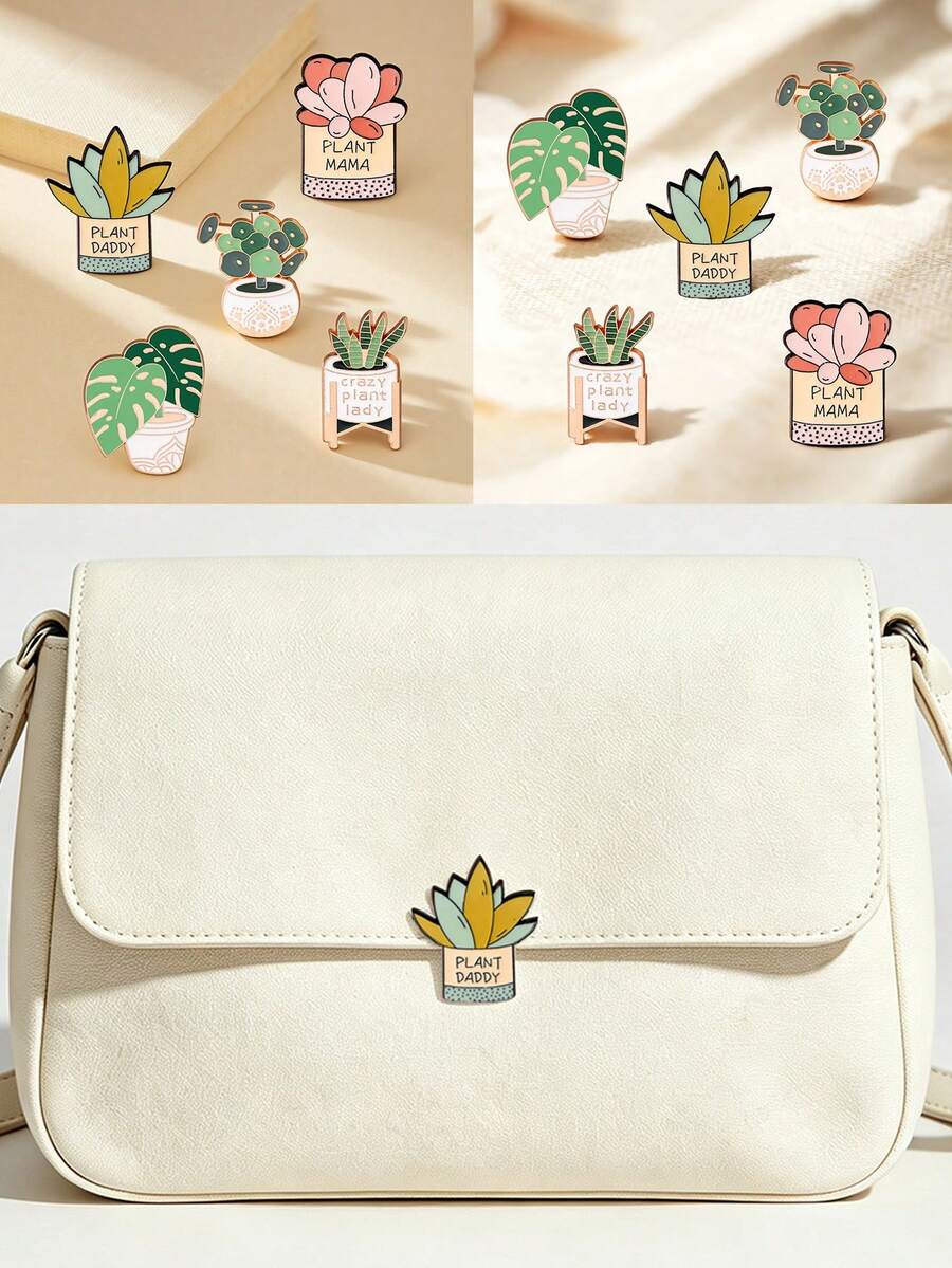1/5pcs Artistic Fresh Green Plant Potted Brooch, Succulent Monstera Leaf Shaped Metal Pin, High Fidelity Exquisite Craftsmanship With Texture, Versatile Eye-Catching Accessory For Daily Wear - Multicolor - View 1