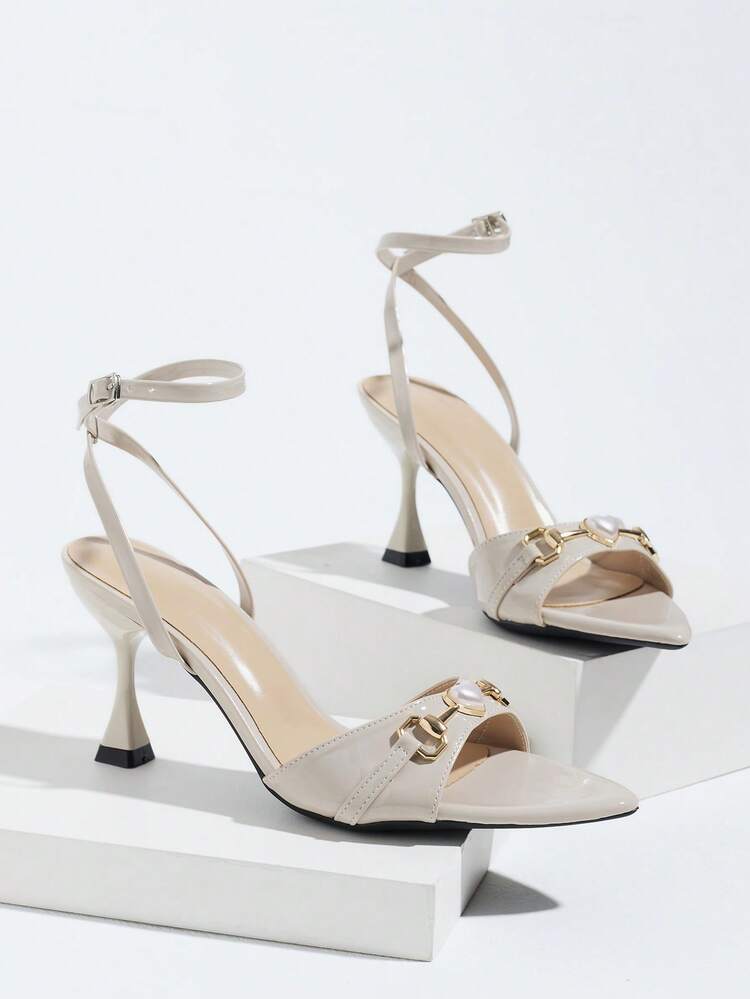 Jin Bei Qi Women's High Heel Sandals, Spring/Summer Night Party Outdoor Fashion Elegant High-End Banquet Lacquered Wine Glass Heel, Thin High Heel Pointed Toe Shiny Charming Metal Chain Heart Buckle Design, Single Strap High-Quality Soft Mirror Fabric Sexy Ankle Strap Adjustable Ankle Buckle, Elegant Fashion Comfortable Suitable For Women's Any Formal Occasion, Apricot Color Women's Shoes Outdoor Wear Simple Versatile Women's Matching Evening Dress Skirt Valentine's Day Date Banquet High-End Women's Heel Sandals Suitable For Office Daily Travel Stable High Heels - Apricot - View 4