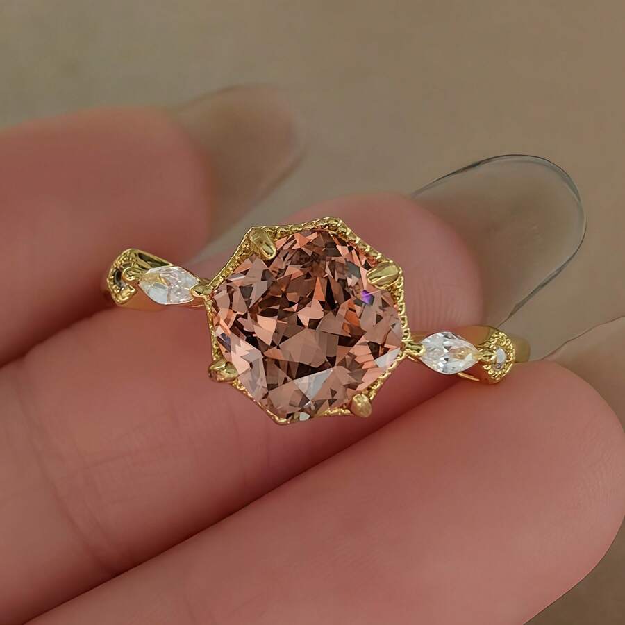 Light Luxury High-End Geometric Polygon Champagne Zirconia 18K Gold Plated Versatile Open Ring For Women - Champagne - View 1