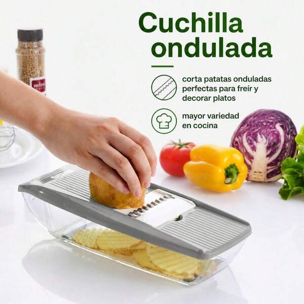 5-In-1 Multifunction Kitchen Mandoline Slicer With Container, Manual Vegetable Cutter With 5 Stainless Steel Blades And Hand Guard, Grey, 30x11.5x8 Cm