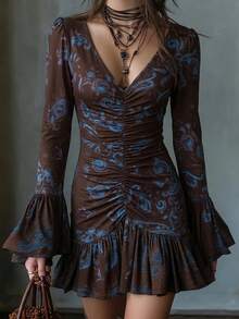 Women's Vintage Brown Knit Deep V-Neck Dress, Ruffle Hem, Long Sleeve Fitted Mini Dress, Suitable For Autumn Wear - Brown - View 2