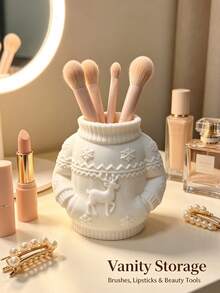 White Sweater Reindeer Desktop Storage Bucket, Christmas‑Style Embossed Makeup Brush Organizer Jar, Vanity Beauty Tool Holder, Holds Scissors Combs Small Trinkets, Vibe Storage Decor For Bedroom Bathroom - Multicolor - View 12