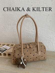 CHAIKA & KILTER 1件女款拼色麂皮布料單肩包，復古時尚啞光保齡球包，滿版波點圖案，拼色絎縫縫線，雙手柄設計，拉鍊開合，適合日常與街頭穿搭（附吊飾） - 卡其色 - 查看 5