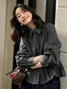 Plaid Ruffle Trim Long Sleeve Blouse Tops, Spring New Arrival Black - Black - View 1