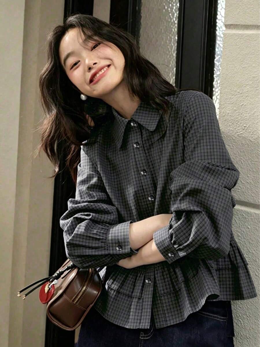 Plaid Ruffle Trim Long Sleeve Blouse Tops, Spring New Arrival Black - Black - View 1