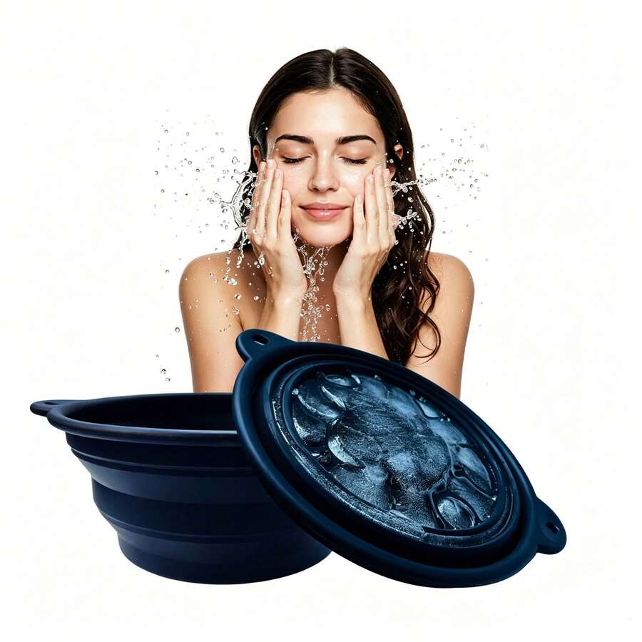 Large Capacity Foldable Multi-Function Ice Bowl/Cold Compress Beauty Device ( Silicone Material): Combines Ice Making And Cold Compress Container In One, Minimalist Solid Color Design (Black, Blue, Pink Three Colors Available). Features Round Basin With Honeycomb Ice Tray And Hanging Hole For Easy Storage - Multicolor - View 1