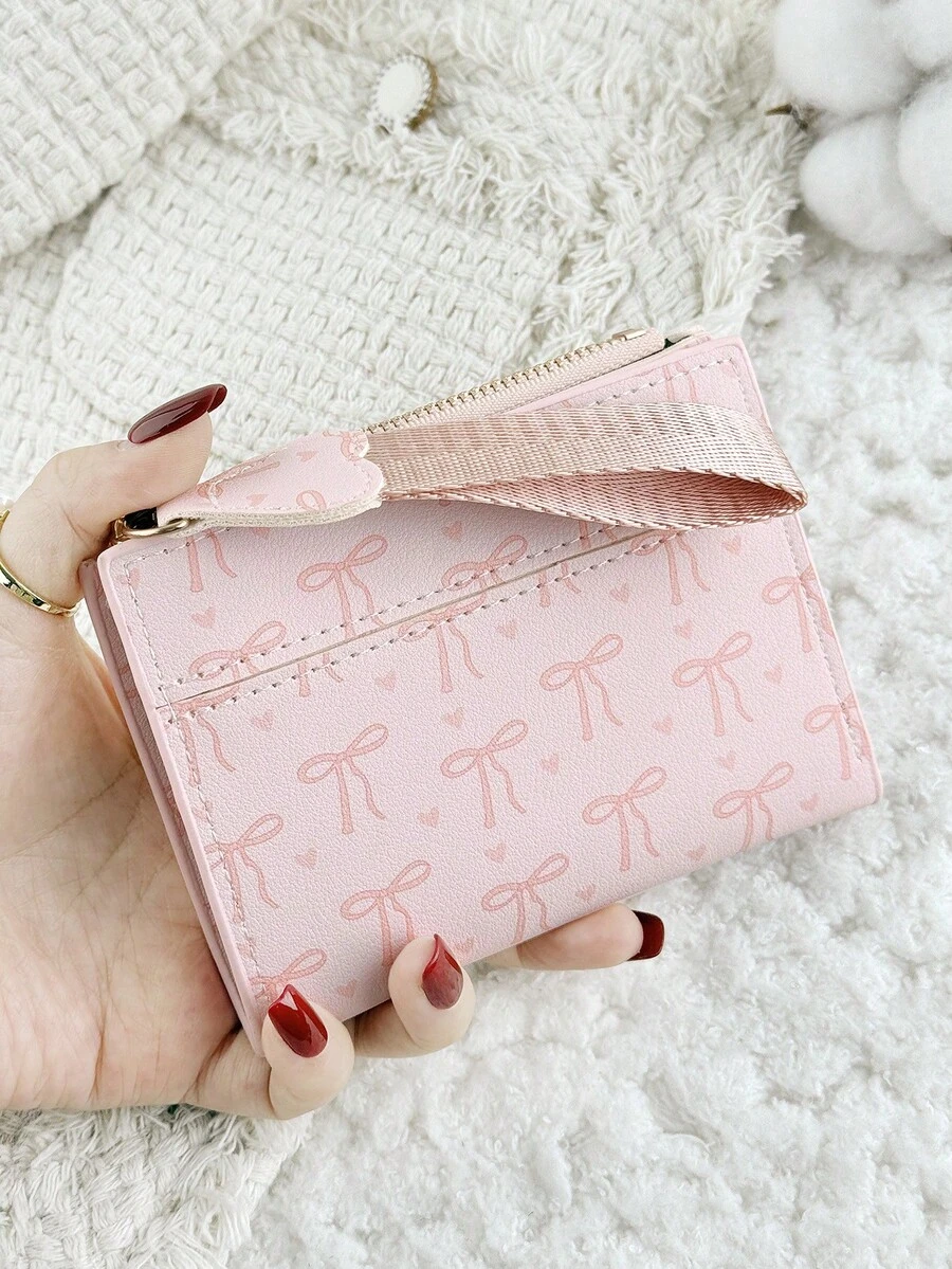 Fashionable Bow Printed Short Wallet, Foldable Buckle Portable Cash, Credit Card Tassel Decoration Wallet, Suitable For Carrying Around