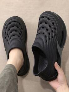 Men's Slip-On Hollow Perforated Quick-Dry EVA Garden Sandals, Summer Beach Shower Slides - Black - View 3