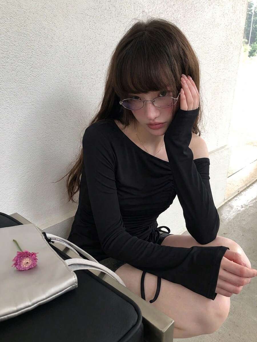 Women's Solid Color Casual Drawstring Oblique Neck Flare Sleeve T-Shirt Black - Black - View 1