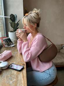 Women's Spring/Autumn/Winter Pink Basic Minimalist Long Sleeve V-Neck Front Open Cardigan Knit Jacket, Solid Color Gentle Casual Daily Wear - Pink - View 5