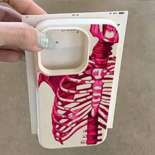 1 قطعة بطانية هاتف TPU بتصميم جمجمة وعظام متدرج باللون الأحمر الوردي وملمس ليتشي، متوافق مع سلسلة أبل 17 16 15 14 13 12 11 بلس برو ماكس، بأسلوب إنستغرام شخصي - لون مشمشي - مشاهدة 3
