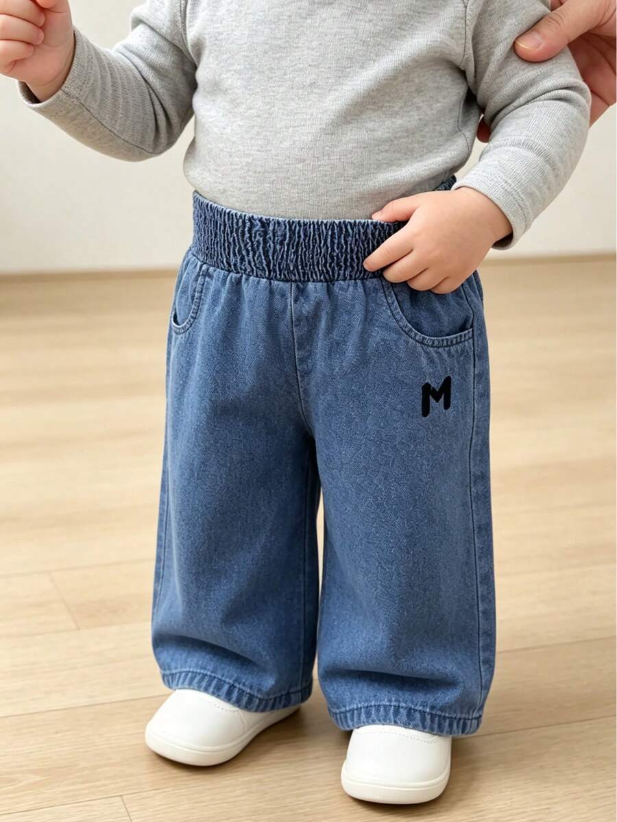 Baby Girls Spring Fall Denim Jeans Wide Leg Denim Pants Elastic Waist Letter M Embroidery Pockets Loose Casual Daily Outdoor Wear