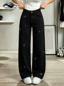 Teen Girl's Loose Fit Washed Wide Leg Pants With Rhinestone Embellishment, Casual Long Pants For Daily Wear - Black - View 2