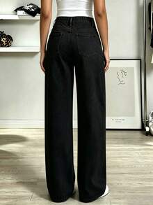 Teen Girl's Loose Fit Washed Wide Leg Pants With Rhinestone Embellishment, Casual Long Pants For Daily Wear - Black - View 5