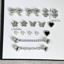16pcs Silvery Heart Shaped Chain Shoe Charms | Bling Rhinestone Bow-Knot Dollar Shoes Decorations, Diy Removable Artificial Faux Bead Shoe Accessories - Silver - View 7