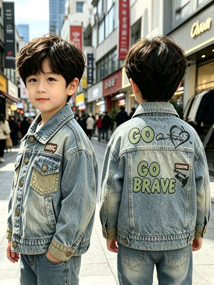 Jaket Denim Longgar Motif Grafiti Blok Warna untuk Balita Laki-laki, Cocok untuk Musim Kembali ke Sekolah, Pakaian Sehari-hari, dan Aktivitas Luar Ruangan - Baby Blue - View 1