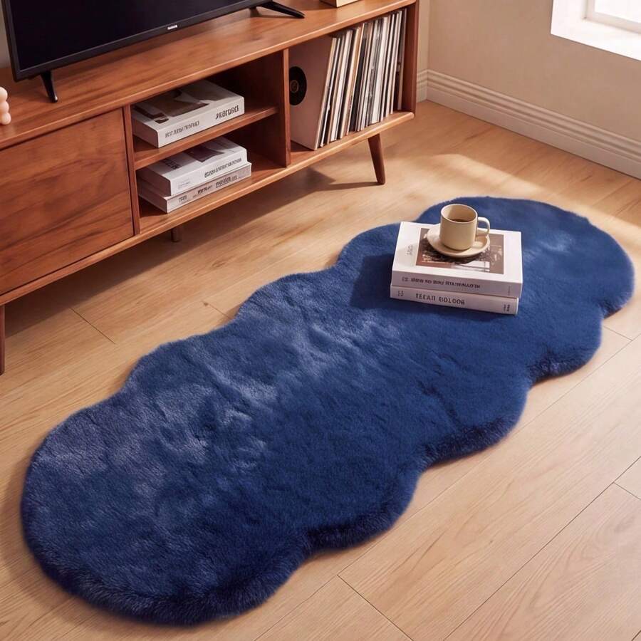 1pc Washable Non-Slip Treasure Blue Asymmetrical Faux Rabbit Fur Rug, Premium Texture Decorative Carpet, Made Of Thick Fluffy Faux Rabbit Fur Fabric, Rich Dense Pile With Soft Touch, Suitable For Various Home Decor Styles, Perfect For Home Decoration, Adds Relaxed Atmosphere To Autumn/Winter Home, Suitable For Living Room, Bedroom, Study, Bedside, Nursery, Bay Window, Walk-In Closet, Vanity Table And Other Living Spaces - Navy Blue - View 1