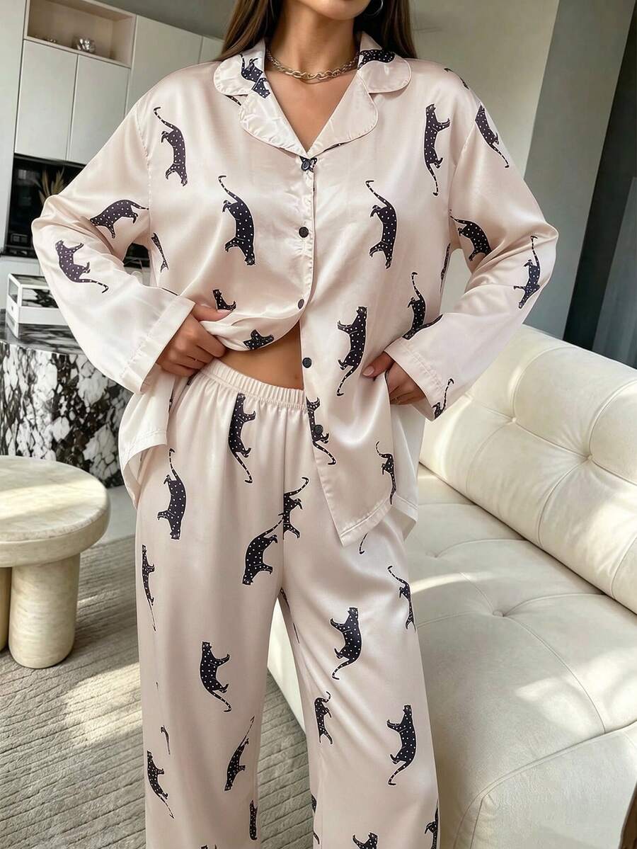 2pcs Women's Sexy Printed Long Sleeve Pajama Top + Elastic Waist Long Pants Loungewear Set