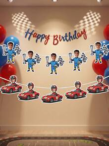 8/12/16pcs Custom Photo Race Car Driver Banner, Personalized Checkered Flag Trophy Banner, Racing Theme Birthday Party Paper Banner Decoration - Multicolor - View 4