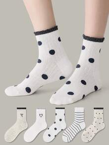 ZUJO 5 Pairs Gray And White Women's Mid-Calf Socks, Bow, Polka Dot, Stripe, Heart Pattern Short Socks, Simple And Comfortable, Suitable For Spring, Autumn, Winter Wear, Random Color Shipment - Multicolor - View 4