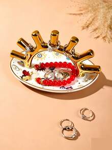 1pc Ceramic Jewelry Tray With Ring Holder, Oval Decorative Ring Display Stand, Jewelry Tray, Evil Eye Design With Blue And Gold Accents, Jewelry Tray, Suitable For Gift Decoration (Non-Food Contact) - Multicolor - View 2