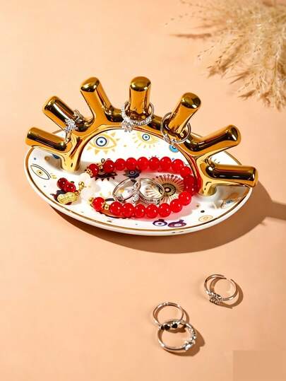 1pc Ceramic Jewelry Tray With Ring Holder, Oval Decorative Ring Display Stand, Jewelry Tray, Evil Eye Design With Blue And Gold Accents, Jewelry Tray, Suitable For Gift Decoration (Non-Food Contact)