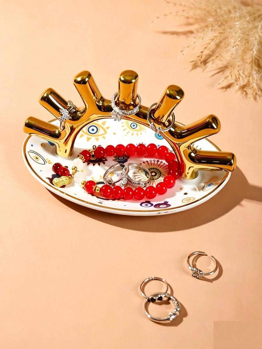 1pc Ceramic Jewelry Tray With Ring Holder, Oval Decorative Ring Display Stand, Jewelry Tray, Evil Eye Design With Blue And Gold Accents, Jewelry Tray, Suitable For Gift Decoration (Non-Food Contact)