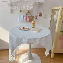 1pc Korean Style Light Blue Striped & Polka Dot Square Tablecloth, Fresh Blue & White Fabric Round Table Cover, Home Use Ins Style Afternoon Tea Dining Table Cloth - Baby Blue - View 3