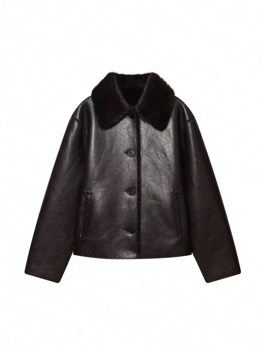 Mellowy Autumn/Winter New Women's European & American Style Fashion Minimalist Reversible Faux Leather Jacket - Brown - View 1