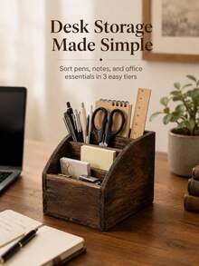 Solid Wood Remote Control Organizer Box | Retro Multi-Compartment Bedside Cabinet Storage Box For Living Room Desktop, Multipurpose Use, Shelf Baskets - Multicolor - View 4