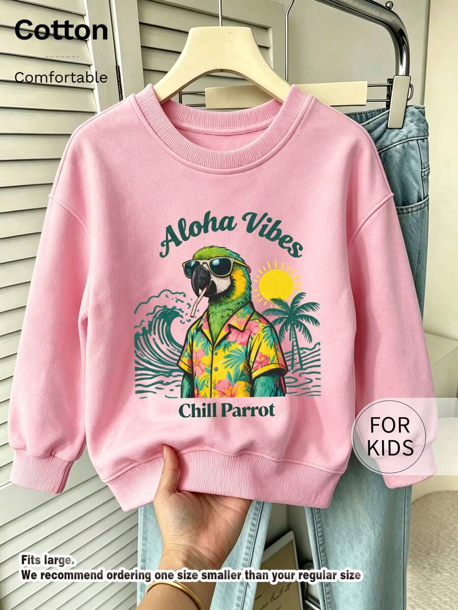Tween Girl Crewneck Sweatshirt, Aloha Vibes Chill Parrot Tropical Printed Cotton Pullover, Soft Comfortable Casual Top - Pink - View 1