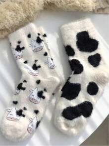 4 Pairs Cute Cow Pattern Plush Round Knitted Socks, Thick Texture, Soft And Comfortable, Suitable For Daily Wear. Ideal For Christmas And Winter Warmth Needs. (4/3/2/1 Pairs) - Multicolor - View 6
