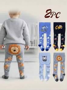 2/4pcs Kids Boys Warm Fitted Knitted Tights, Soft Warm Leggings For Autumn/Winter, Car And Animal Pattern Design - Multicolor - View 1