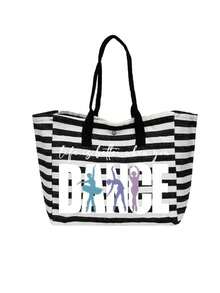 Large Capacity Black And White Striped Tote Bag With "DANCE" Lettering, Foldable Canvas Shoulder Bag, Striped Tote Bag, Includes A Cosmetic Pouch. - Multicolor - View 13