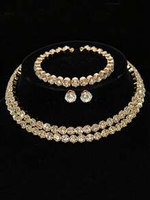 NAIZHU 3pcs/Set Women's Multi-Layer Gold-Tone Rhinestone Necklace, Bracelet And Earrings Set, Party Outfit Accessories - Gold - View 1