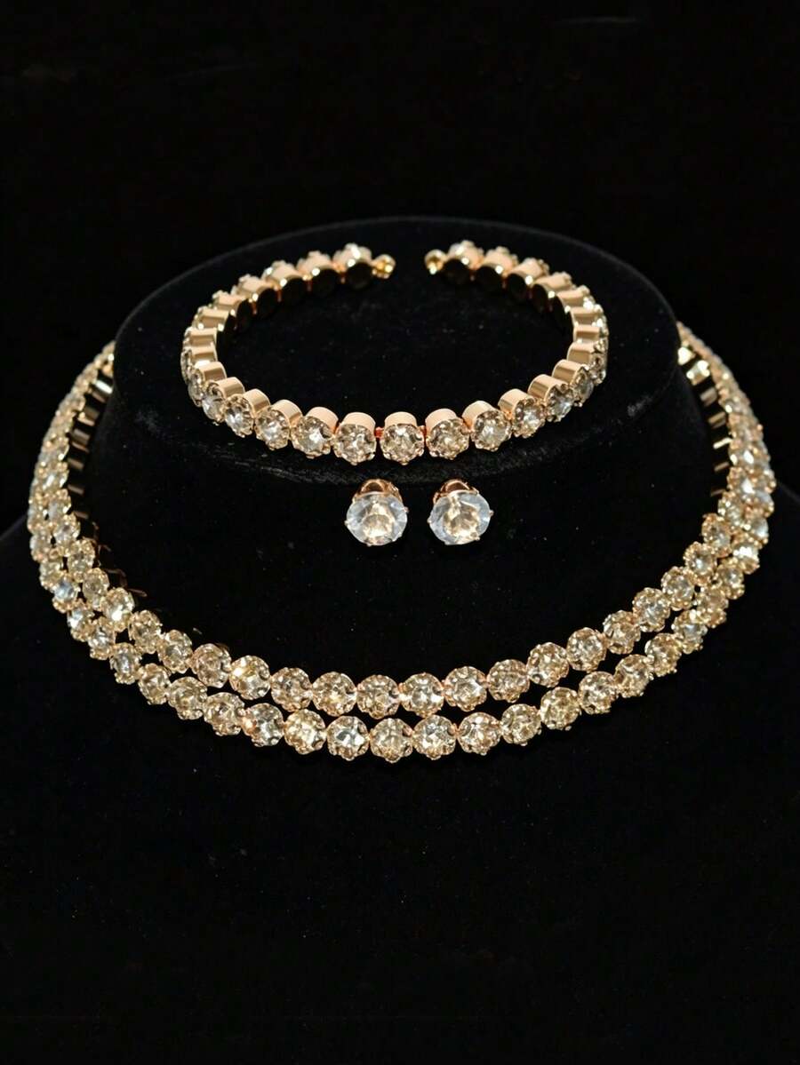NAIZHU 3pcs/Set Women's Multi-Layer Gold-Tone Rhinestone Necklace, Bracelet And Earrings Set, Party Outfit Accessories - Gold - View 1