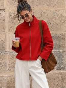 Women's Fashion Autumn Aviator Jacket, Stand Collar Zipper Jacket, Solid Color Pleated Street Style Casual Loose Short Jacket - Red - View 1