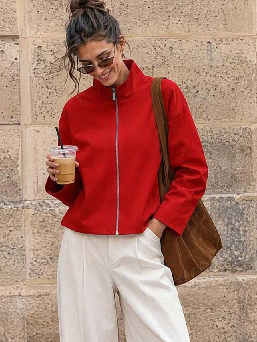 Women's Fashion Autumn Aviator Jacket, Stand Collar Zipper Jacket, Solid Color Pleated Street Style Casual Loose Short Jacket - Red - View 1