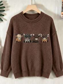 Women's Plus Size Sweater, Highland Cow Pattern, Comfortable Round Neck Long Sleeve Top For Autumn - Brown - View 2