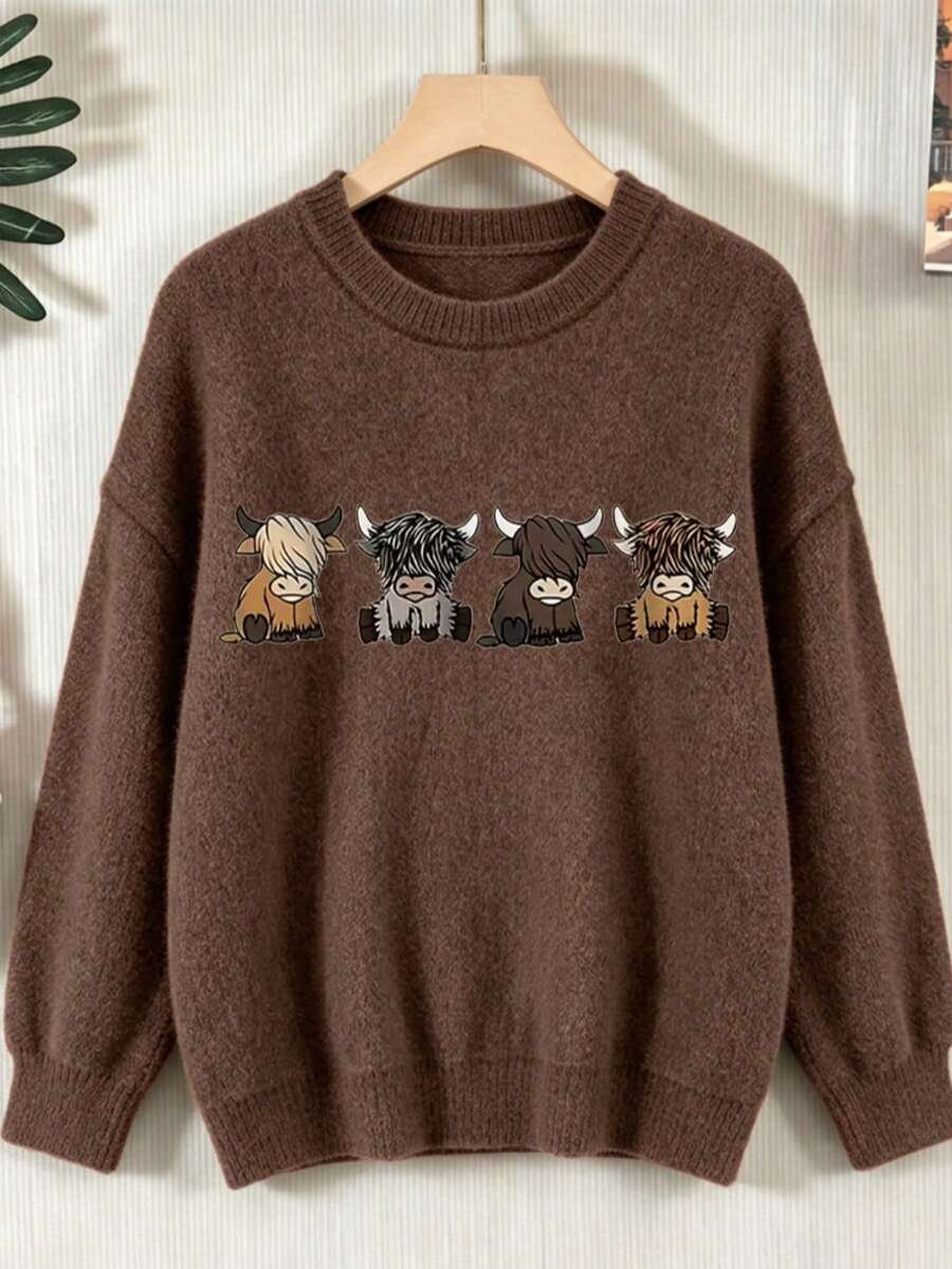 Women's Plus Size Sweater, Highland Cow Pattern, Comfortable Round Neck Long Sleeve Top For Autumn