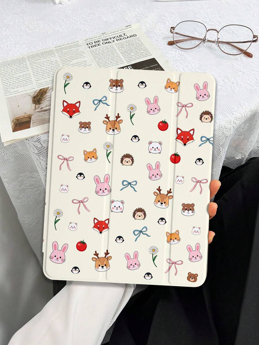 1件可愛動物平板電腦保護殼，相容於 iPad Mini 4/5/6/7/Air/Air2/9.7/10.2/10.5/10.9 (Air4-Air8)/Pro 11/10th Gen/A16/Pro 11 2024 與 Galaxy A8，彩繪圖案軟殼，三折支架，自動休眠/喚醒，內置筆槽，不含筆 - 彩色 - 查看 1