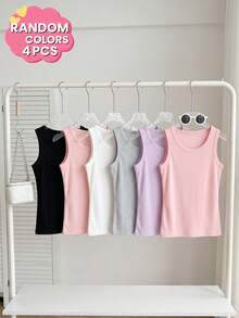 4 piezas de camisetas sin mangas acanaladas de colores aleatorios para niñas, camisetas básicas sin mangas de unicolor, top casual de verano para uso diario - Multicolor - Ver 3