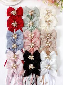 8pcs/Set Women's Multi-Color Pearl Diamond Floral Jacquard Ribbon Textured Fabric Bow Hair Clips, Side Bang Clips, Minimalist Bang Clips, Sweet Versatile Hair Accessories, Bird Beak Side Clips, Hair Ornaments, Suitable For Daily Wear - Multicolor - View 7