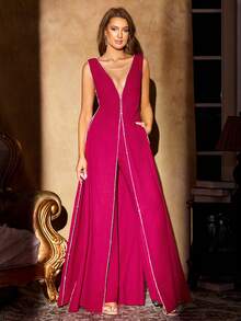 Diamond Chain Decor Deep V-Neck Sleeveless Split Leg High-End Evening Skort - Hot Pink - View 6