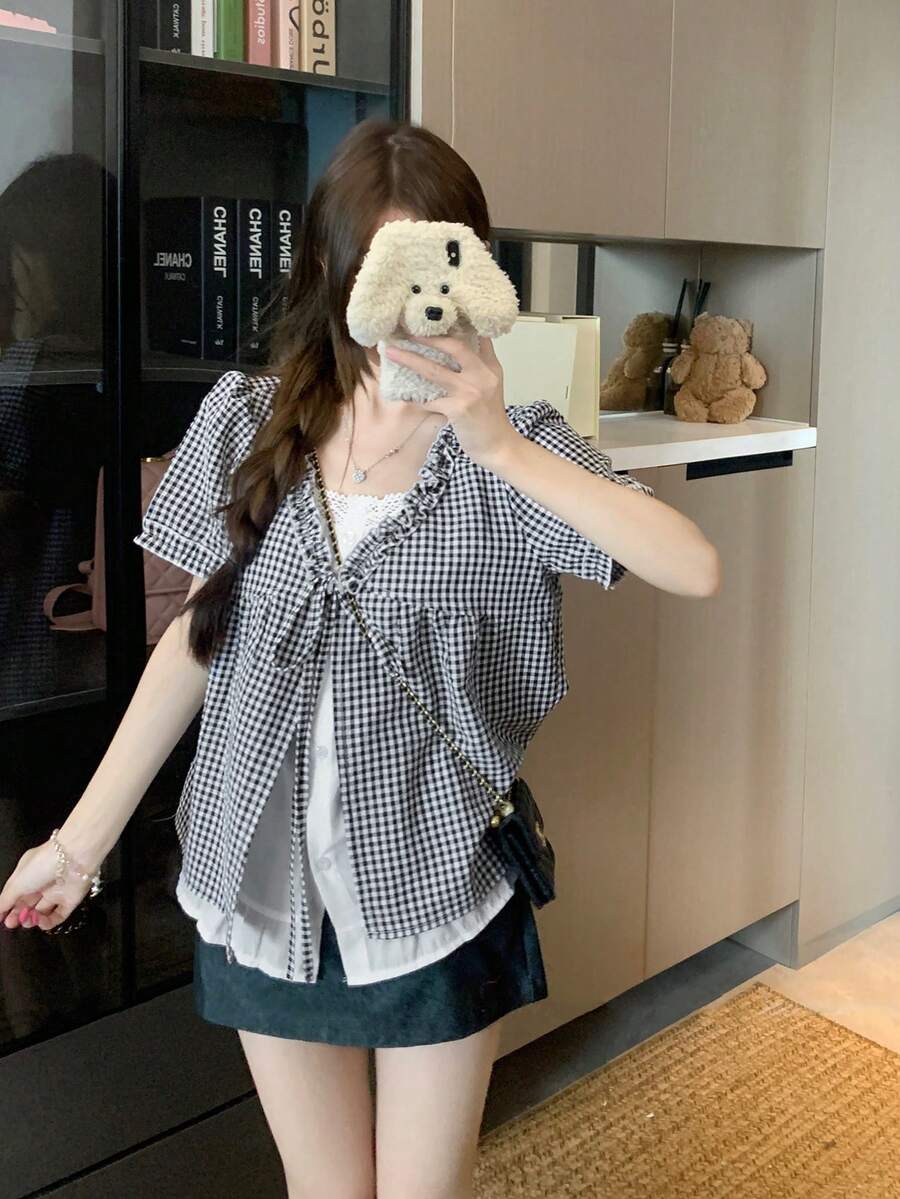 YCYC 韓式百搭女款短袖 2 合 1 荷葉領襯衫上衣 黑色 夏季 - 黑色 - 查看 1